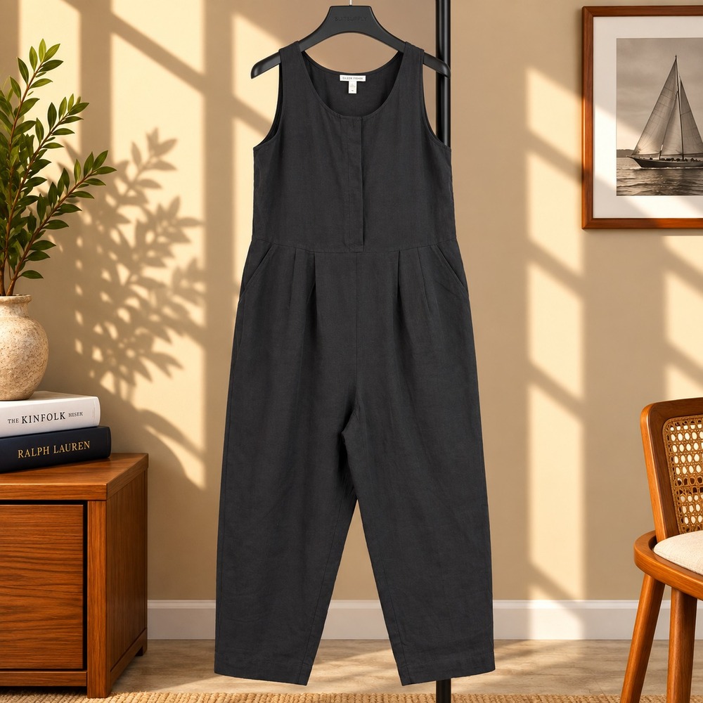 Eileen Fisher Jumpsuit Women M Black Organic Cotton Linen Ramie Sleeveless